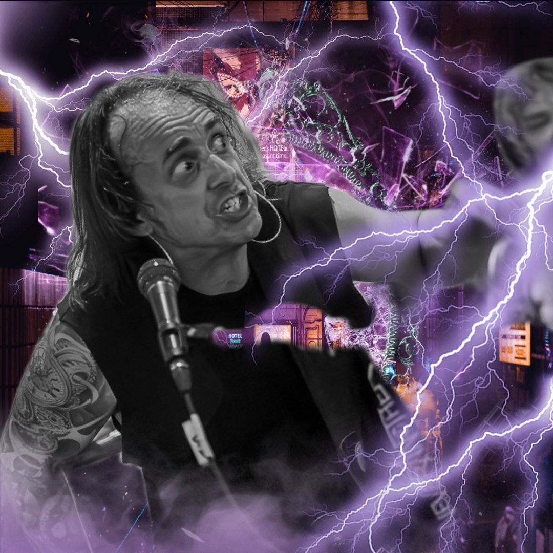 Rick Lemperes at the microphone, over a collage of stage lighting